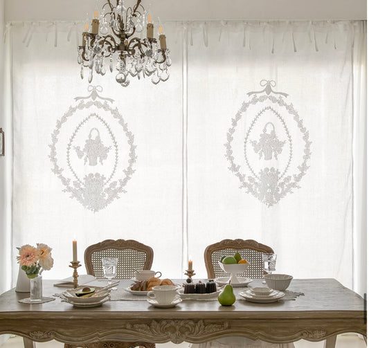 French white linen embroidered panel curtain