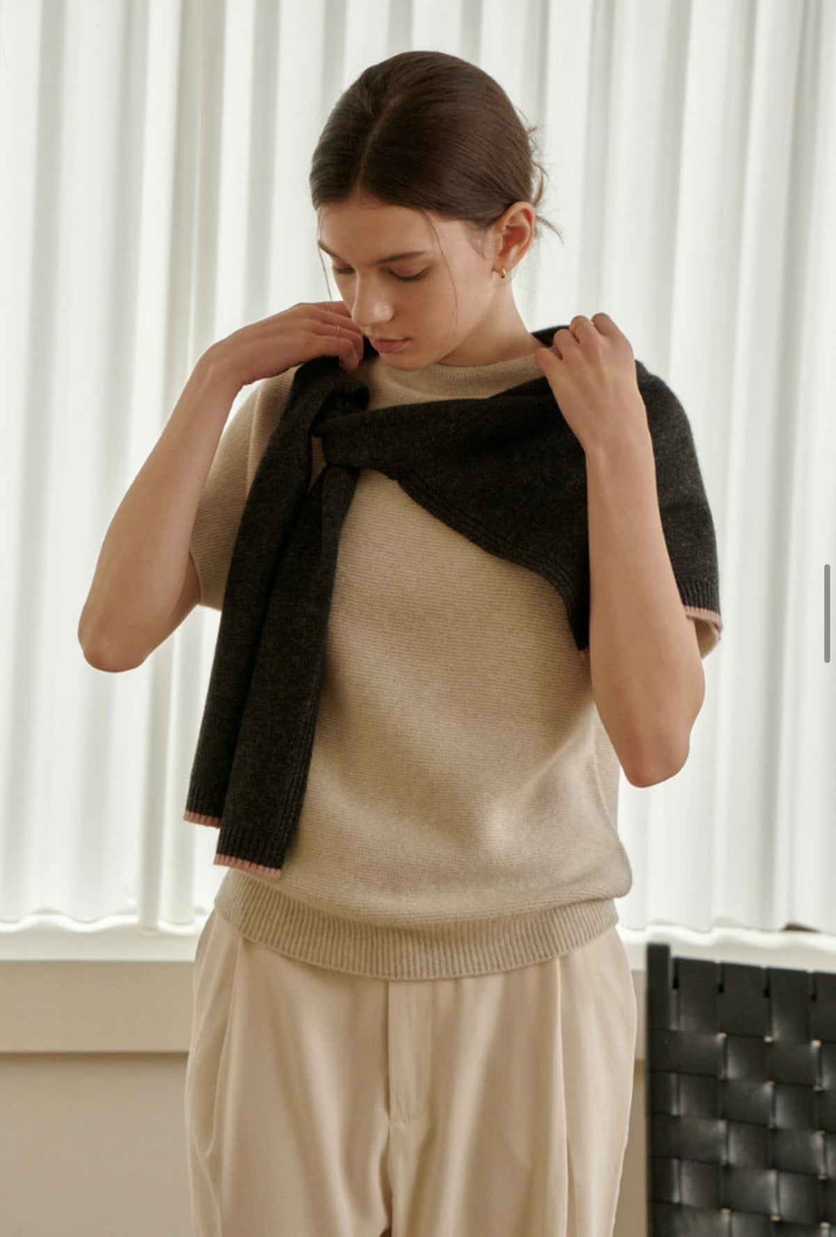 3-Way Merino Wool Blend Knit Shawl – Charcoal Pink