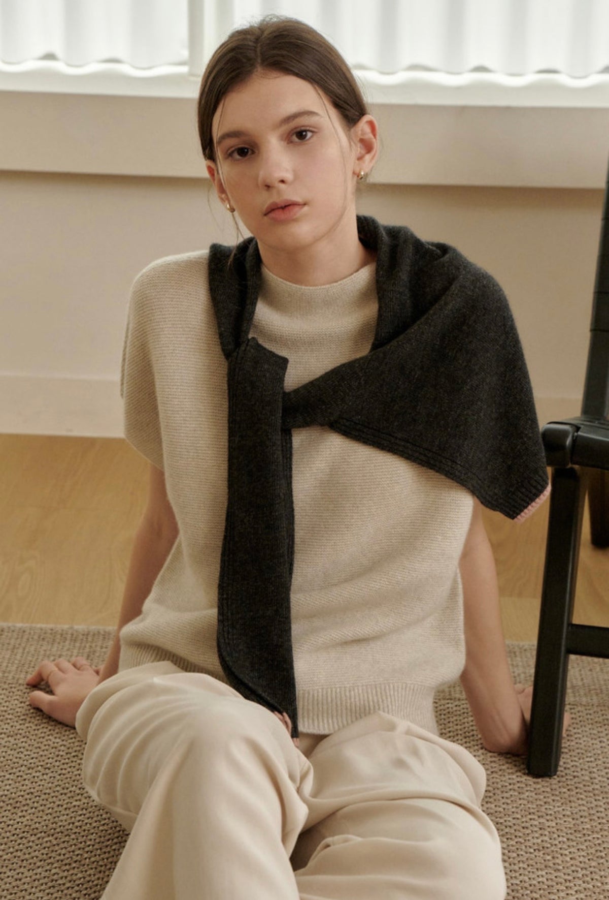 3-Way Merino Wool Blend Knit Shawl – Charcoal Pink