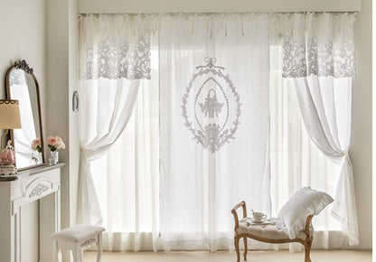 French white linen embroidered panel curtain