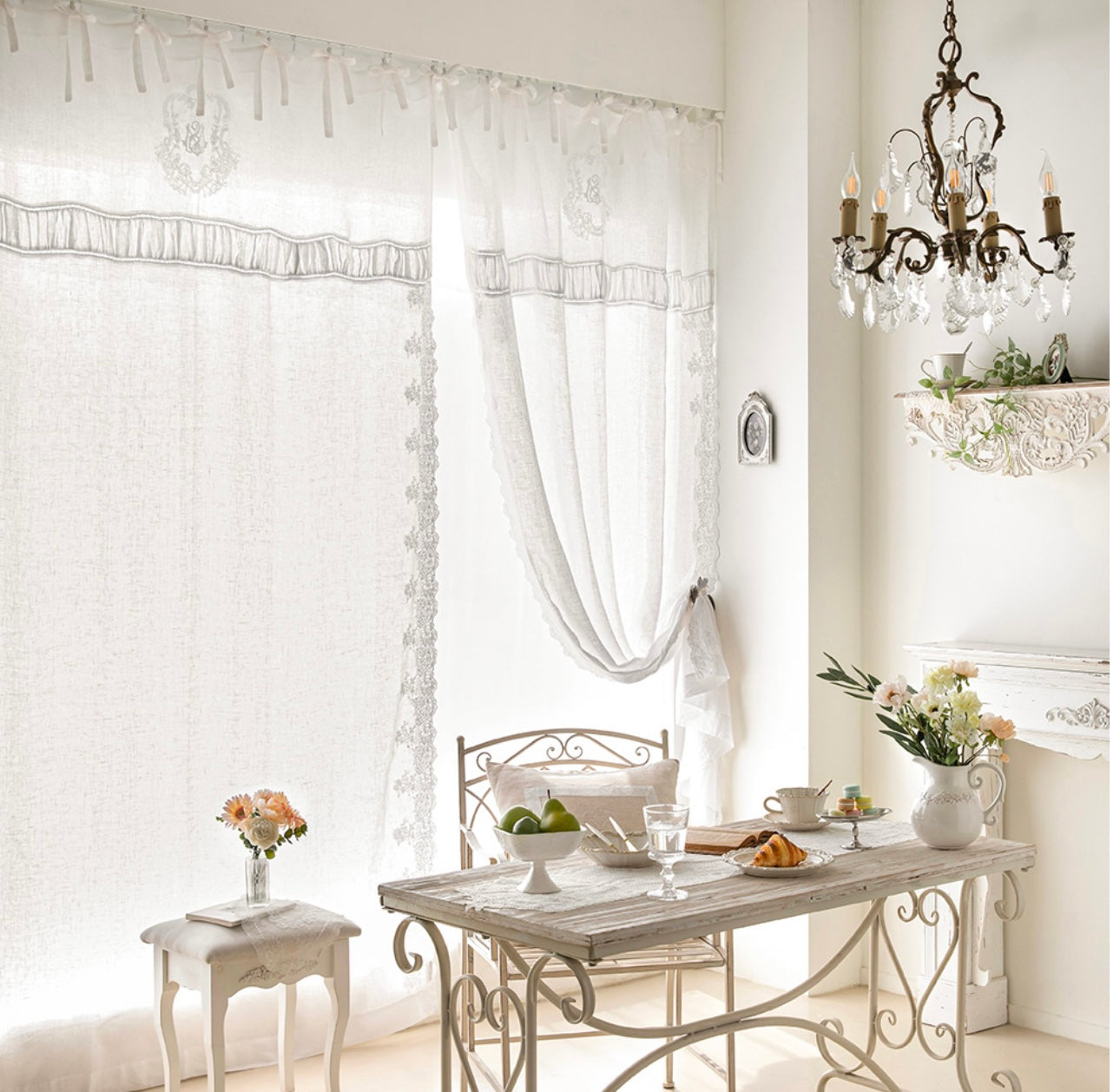 French white linen embroidered panel curtain