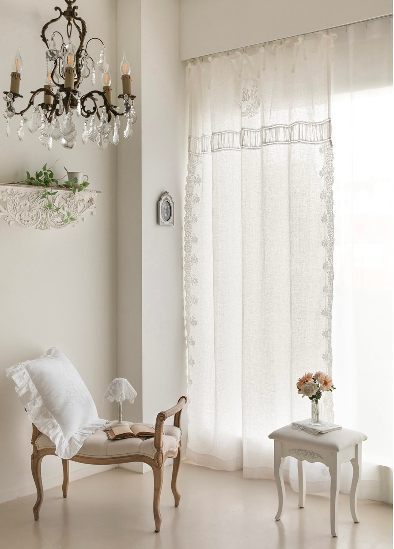 French white linen embroidered panel curtain