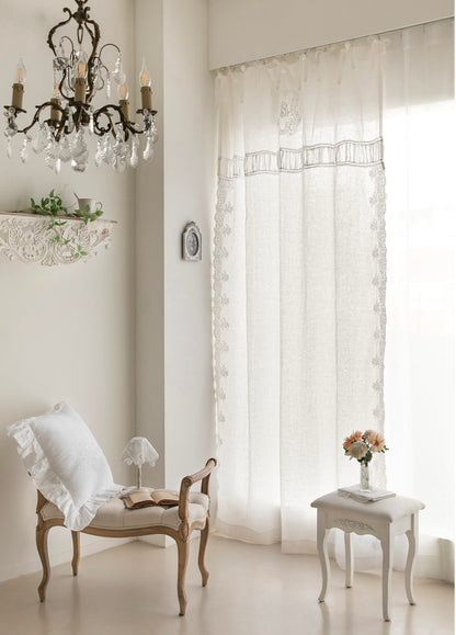 French white linen embroidered panel curtain