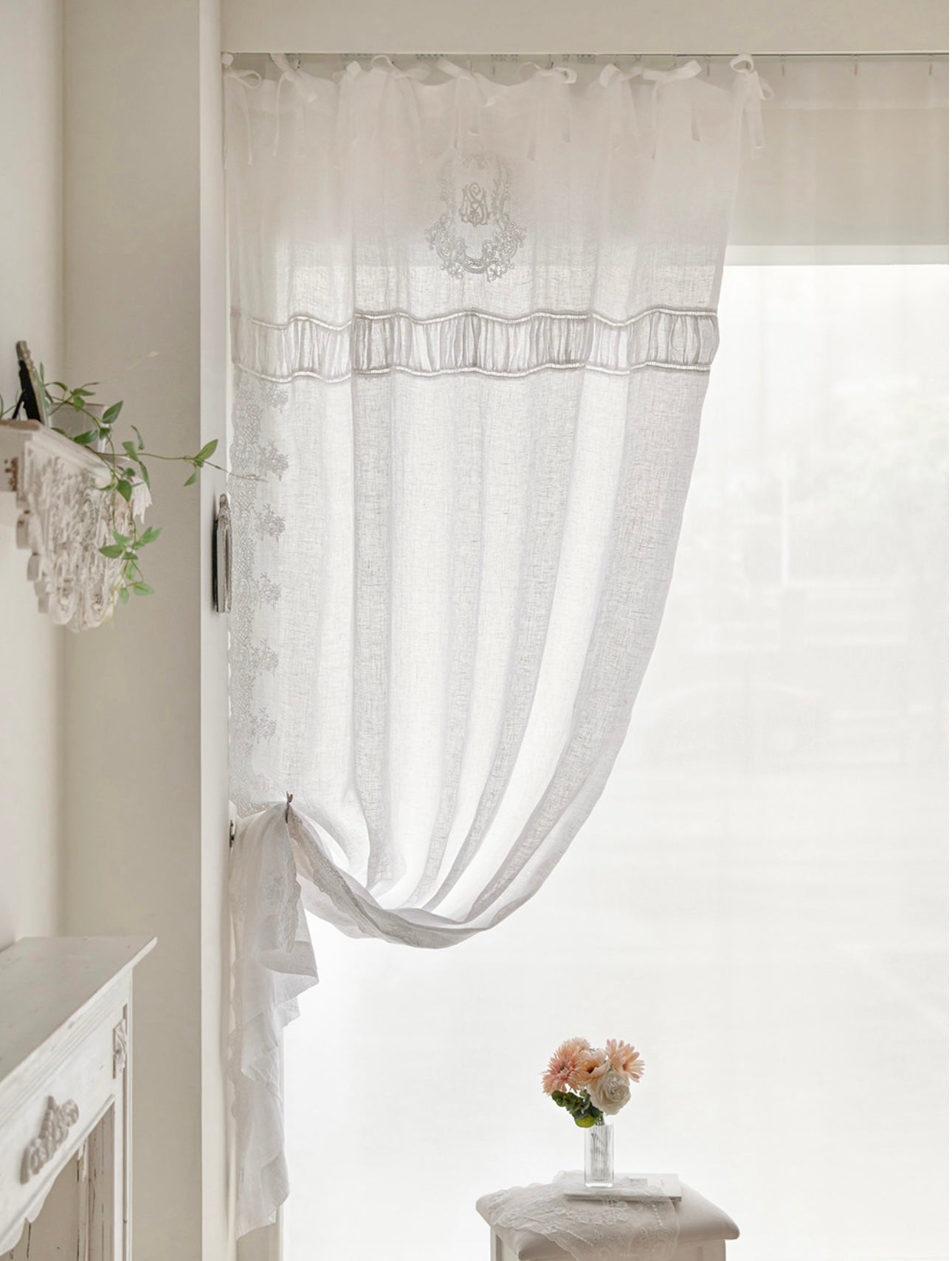 French white linen embroidered panel curtain