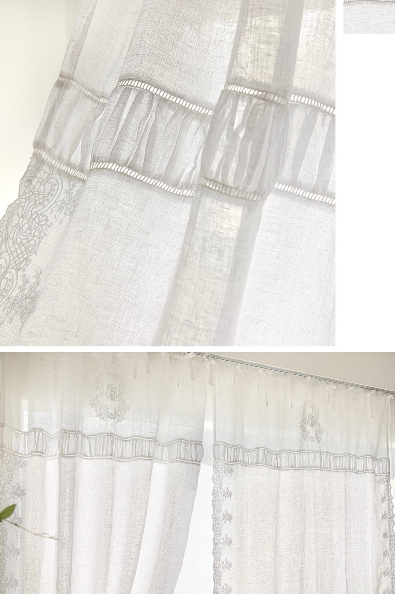 French white linen embroidered panel curtain