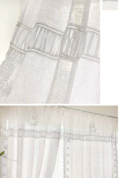 French white linen embroidered panel curtain