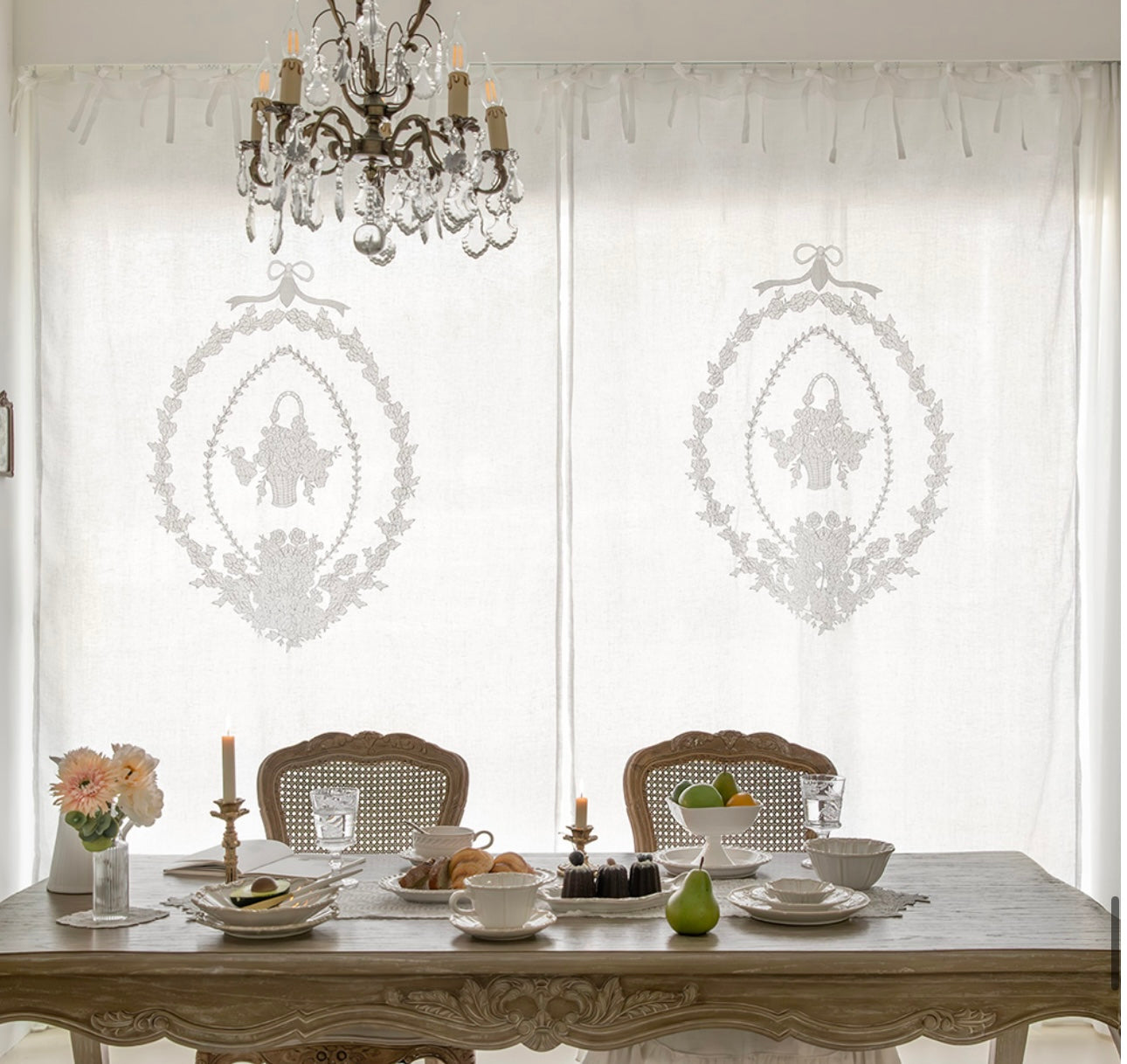 French white linen embroidered panel curtain