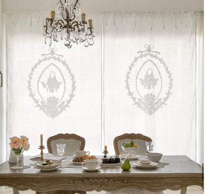 French white linen embroidered panel curtain