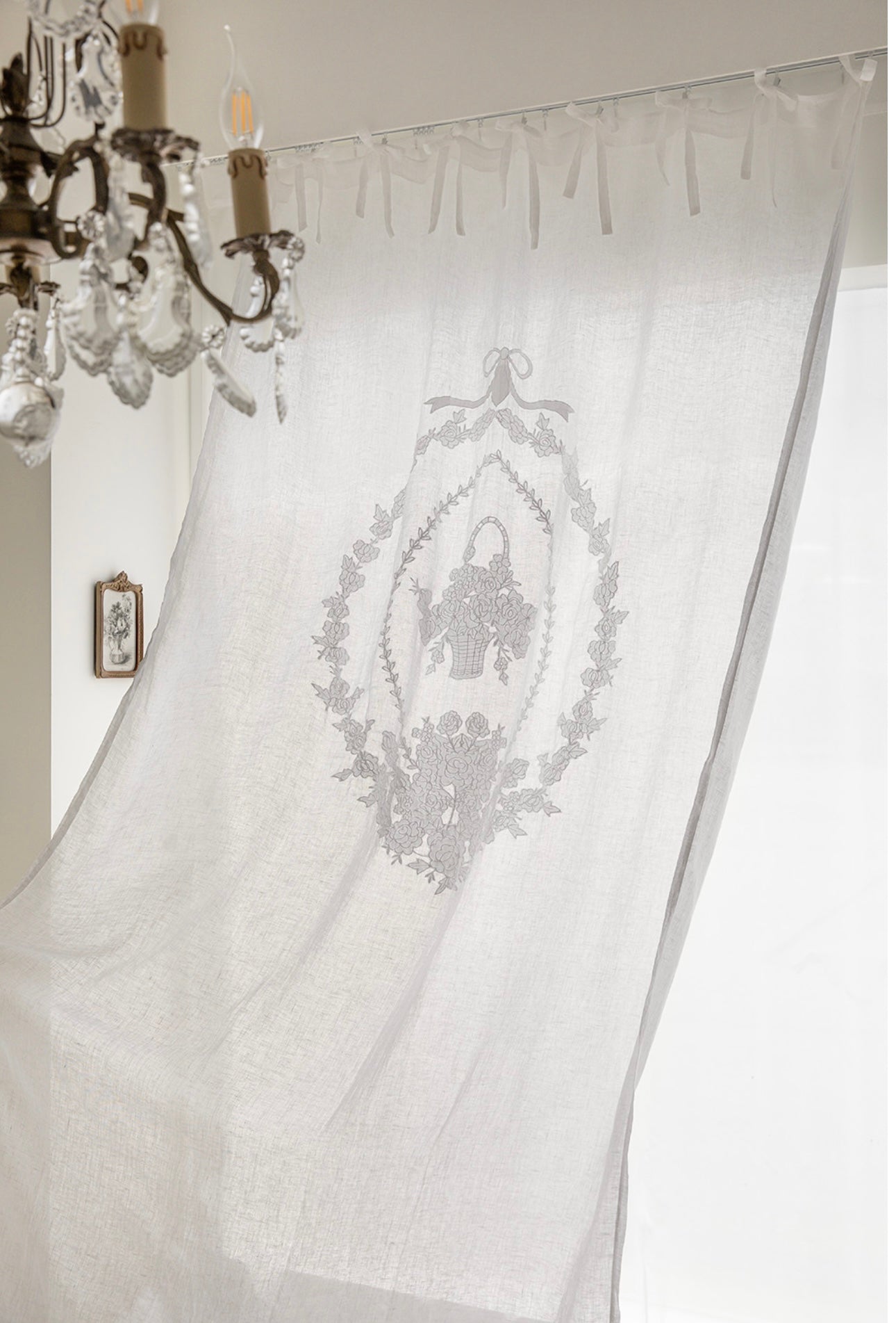 French white linen embroidered panel curtain