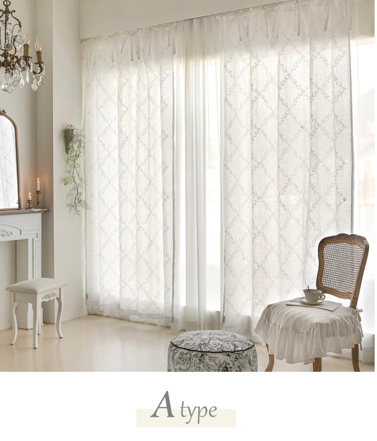 French white linen embroidered panel curtain
