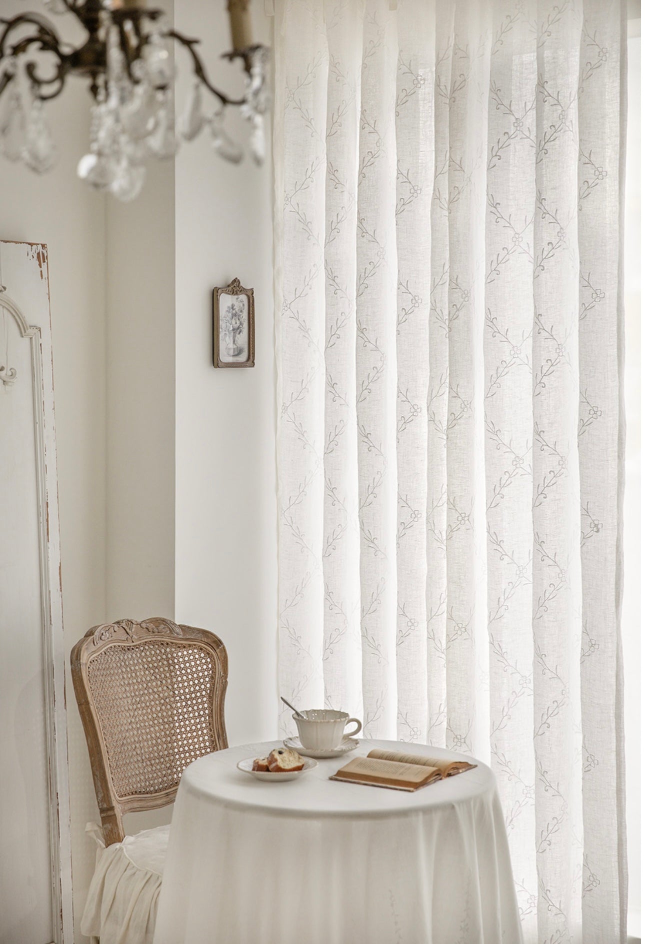 French white linen embroidered panel curtain