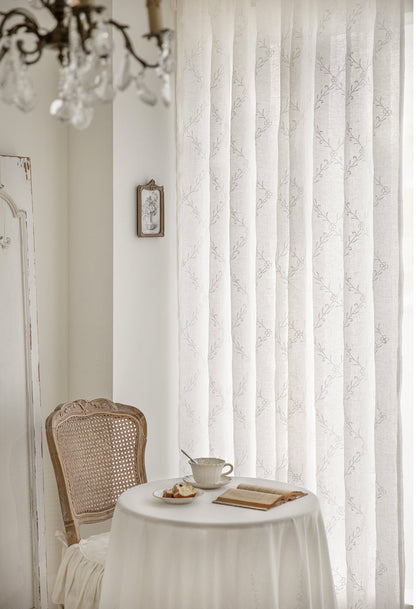 French white linen embroidered panel curtain