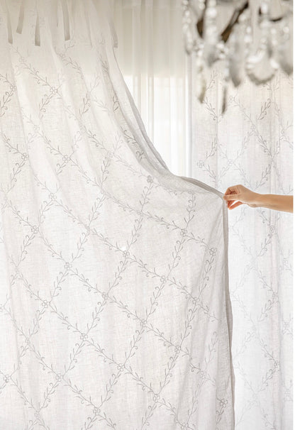 French white linen embroidered panel curtain