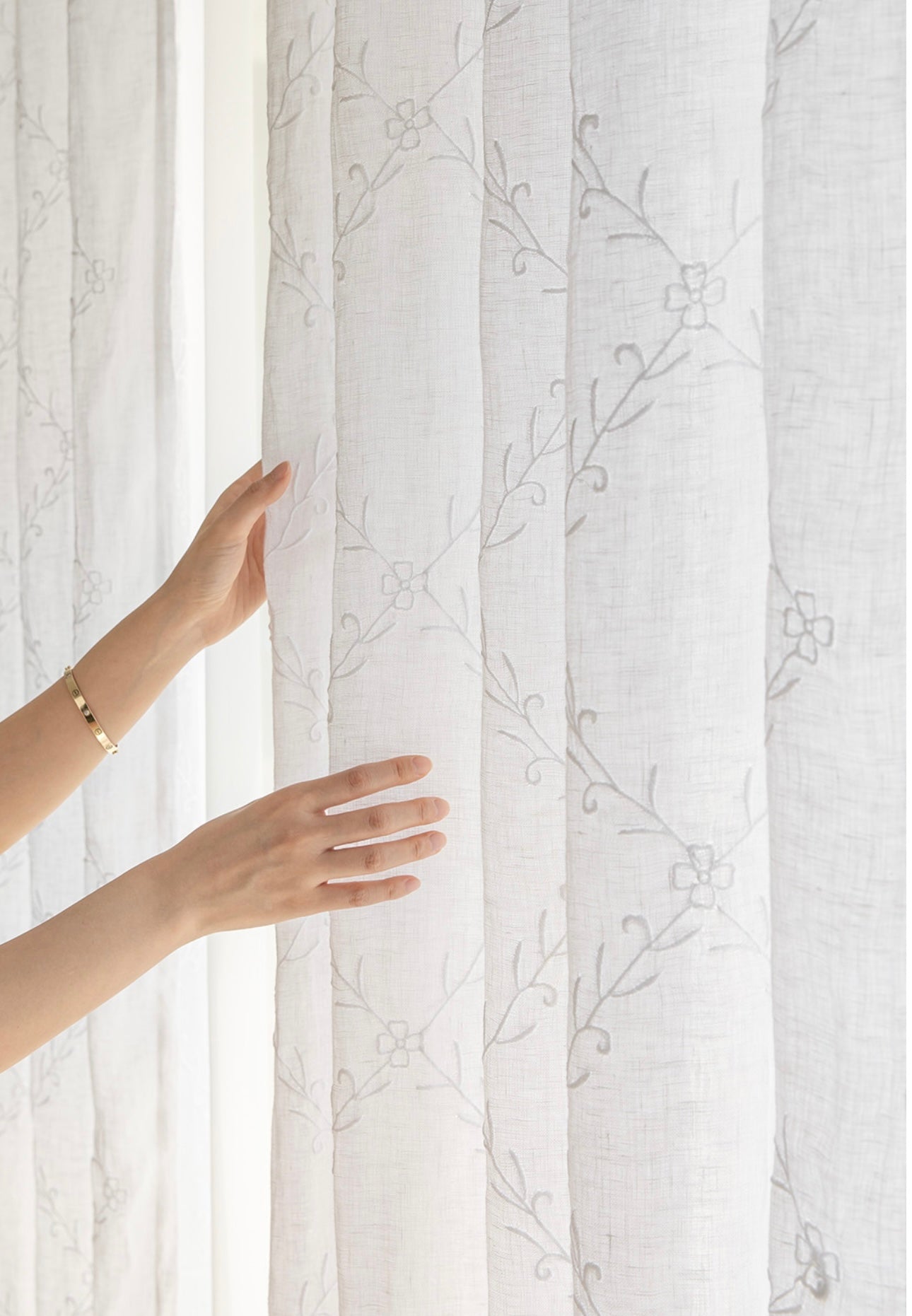 French white linen embroidered panel curtain