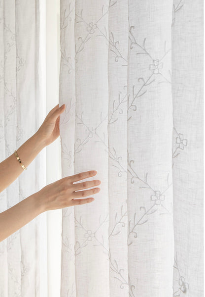 French white linen embroidered panel curtain