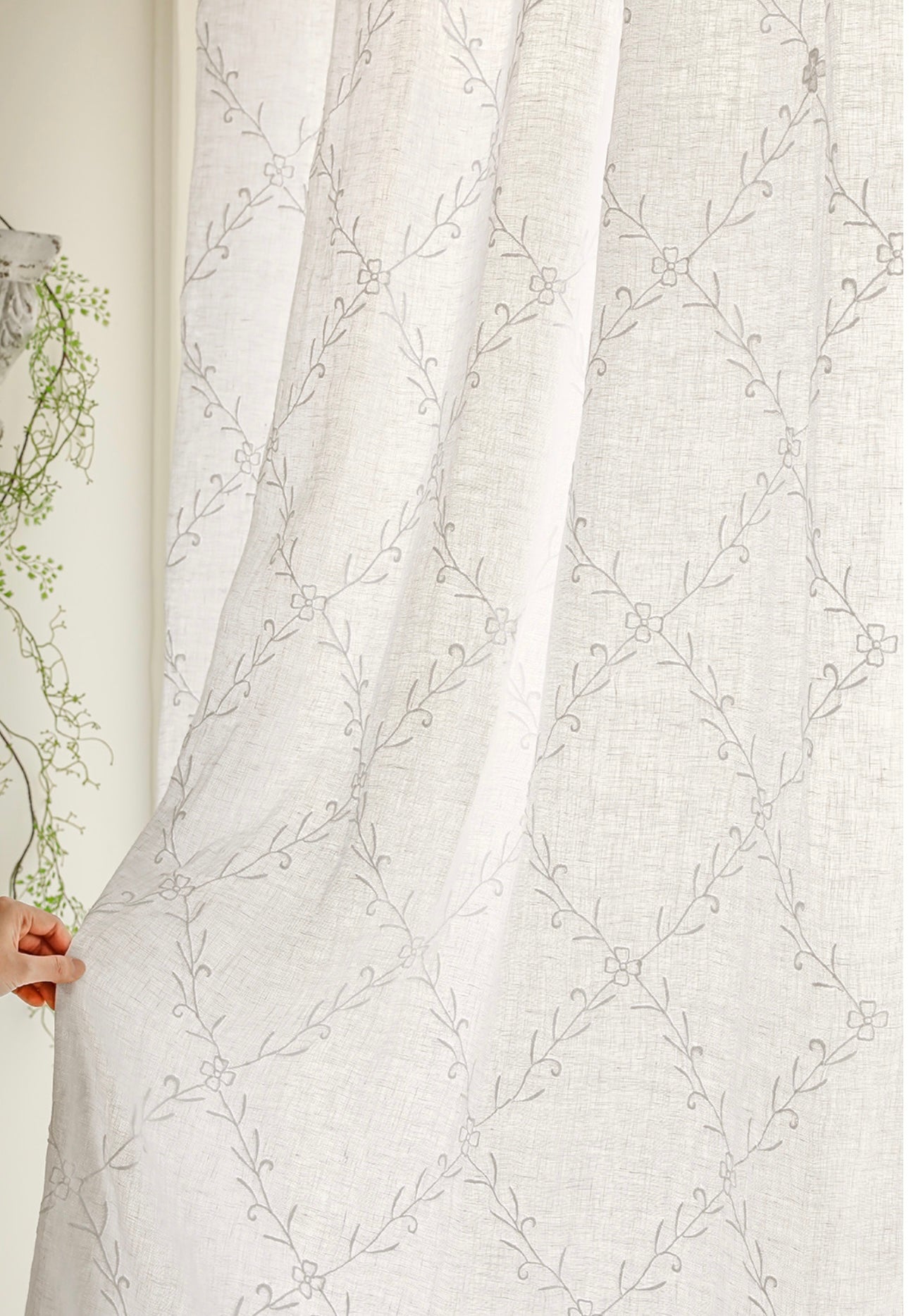 French white linen embroidered panel curtain