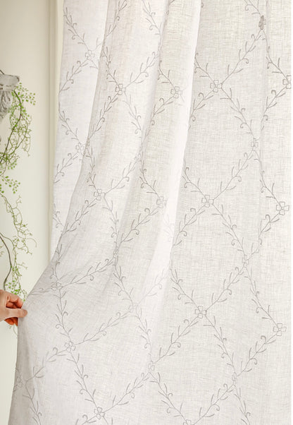 French white linen embroidered panel curtain